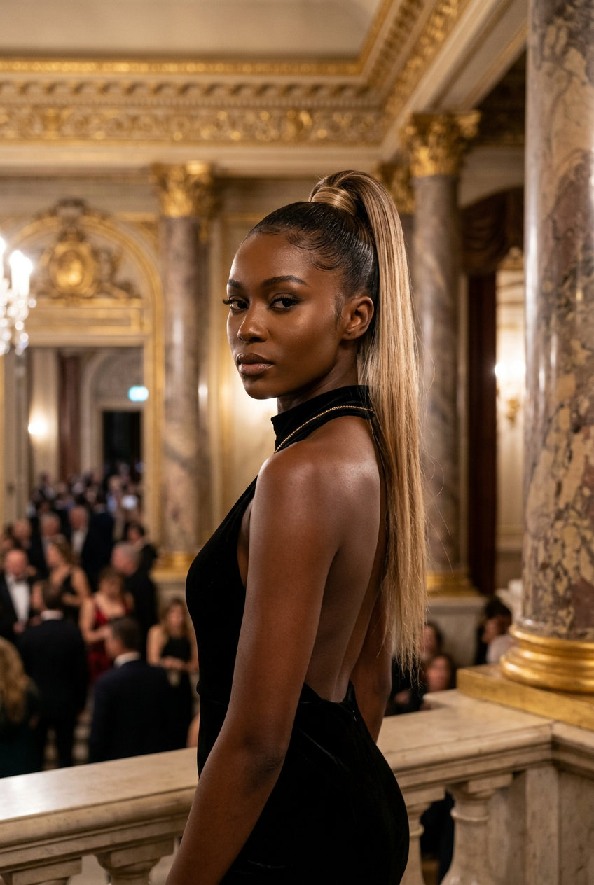Crème Brulée Blonde Ponytail 2026 long natural hair Crème Brulée blonde with dark brown root smudge, foilyage technique for summer hairstyle black women 2026