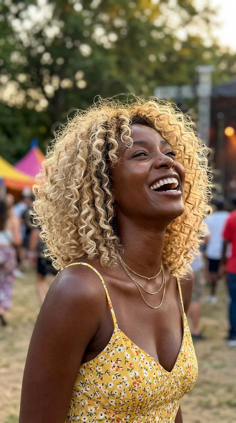 Crème Brulée Blonde Curls 2026 medium natural hair Crème Brulée blonde with golden root smudge, foilyage technique for summer hairstyle black women 2026