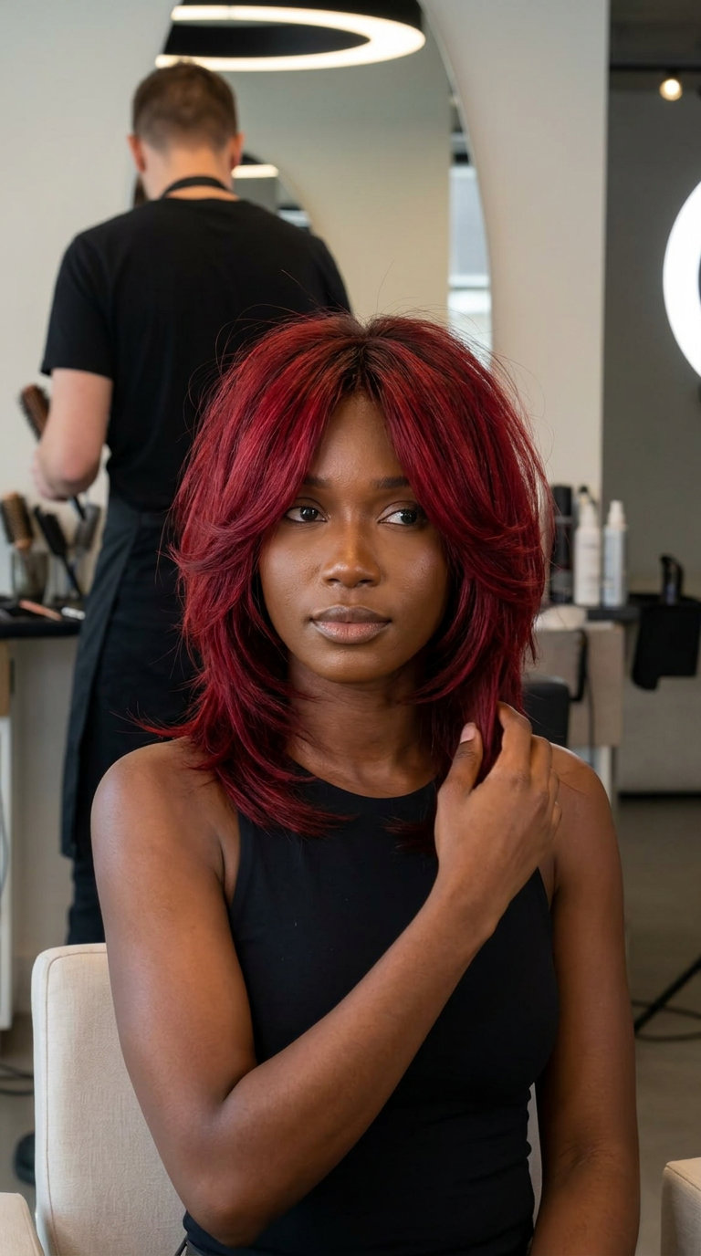 collarbone crimson wolf cut with ruby undertones, sculpted layers, dark root smudge — dramatic vampy look
