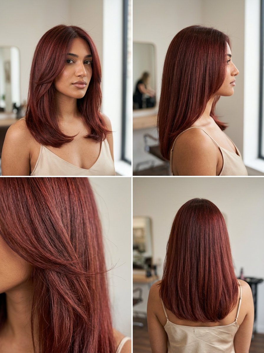 long layered auburn color wash with translucent crimson tones, sheer veil for luminosity
