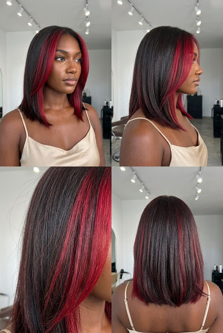 long layered crimson red money piece haircut with dark base, bold statement