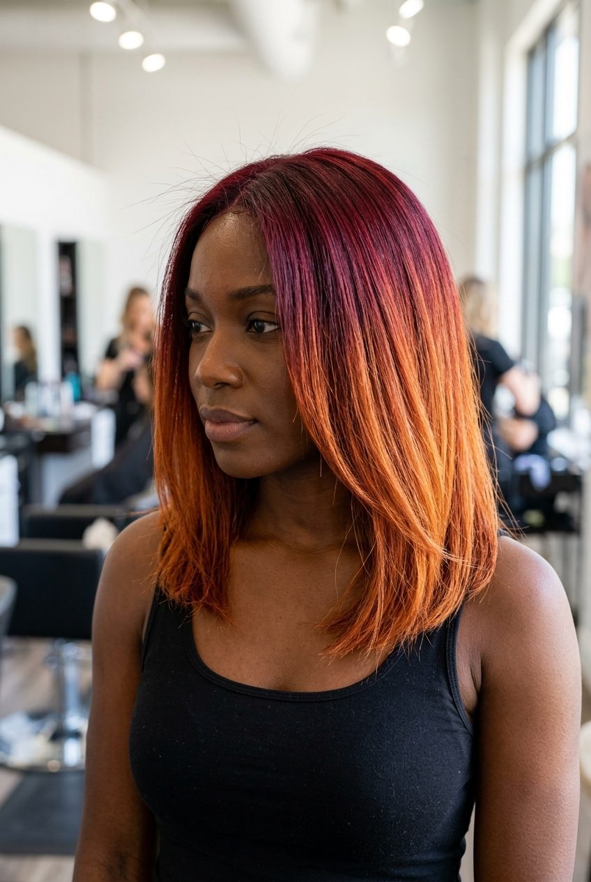 long layered ombré with crimson red to metallic copper, fiery mood