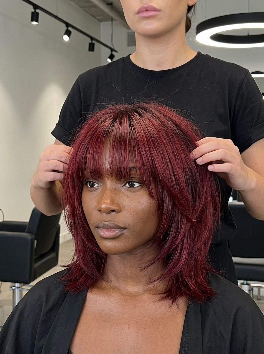 Rebel Crimson Shag Bob 2026: Edgy Summer Cut medium shag bob with deep crimson red color, razor-cut layers, brow-skimming fringe — edgy & rebellious