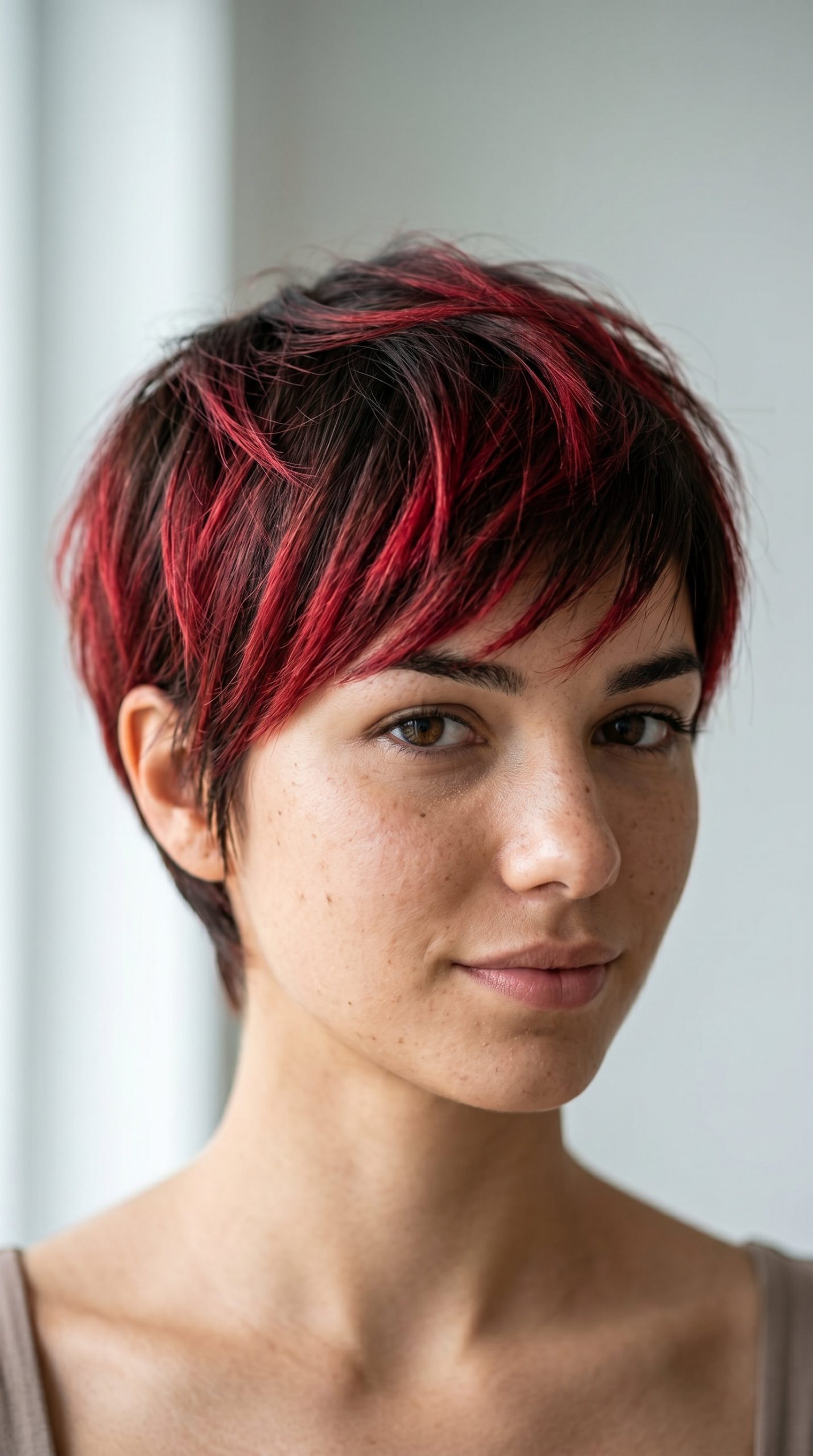 very short pixie haircut in crimson ombré, razored texture — bold vivid concert look