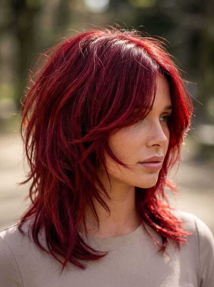 collarbone wavy shag haircut in crimson red with magenta undertones and razored layers