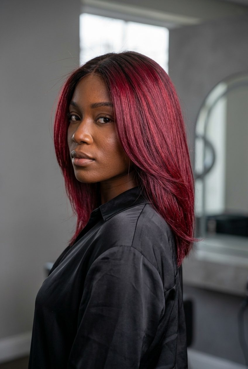 long layered cut crimson red with violet undertones, dark shadow root — sultry evening