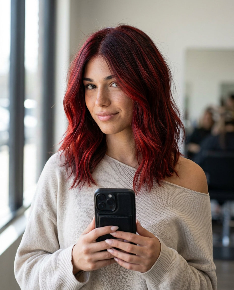 Crimson Red Air Touch Balayage 2026 long layered crimson red balayage with fiery red & auburn root, air touch technique — bold edgy statement