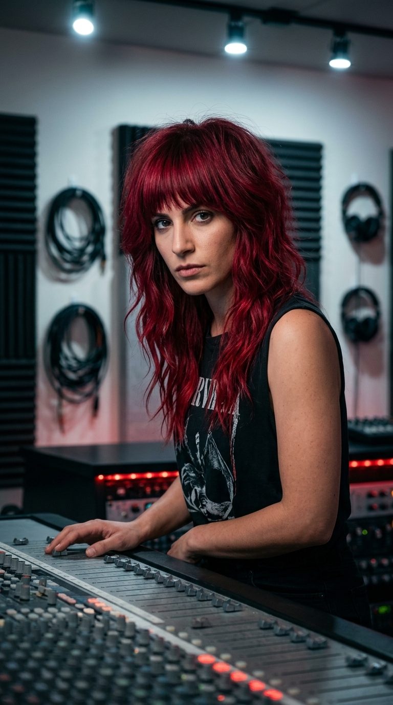 Crimson Red Wavy Shag Haircut 2026 medium wavy midi-shag haircut in crimson red with choppy fringe and razored layers