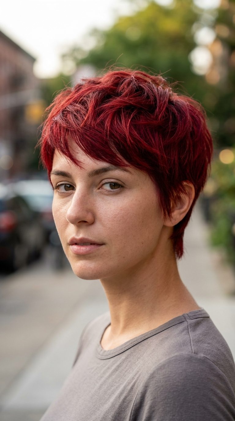 Crimson Canvas Pixie Haircut 2026 very short razored pixie haircut in vibrant crimson red with mahogany root and piecey texture for bold style