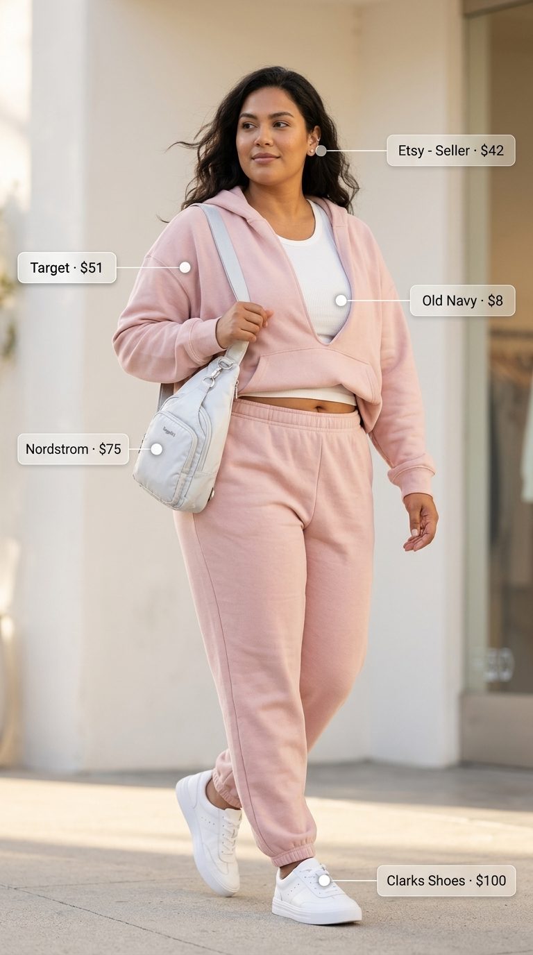 Curvy outfit for women summer 2026: Blush pink athleisure set, white tank, sneakers, silver crossbody, and stud earrings for travel.