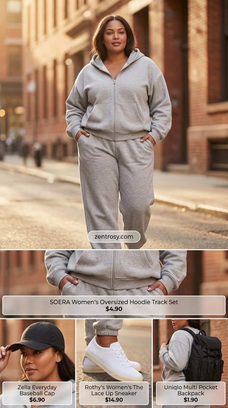 Curvy outfit for women summer 2026: Grey hoodie & biker shorts set, white sneakers. Sporty casual style.