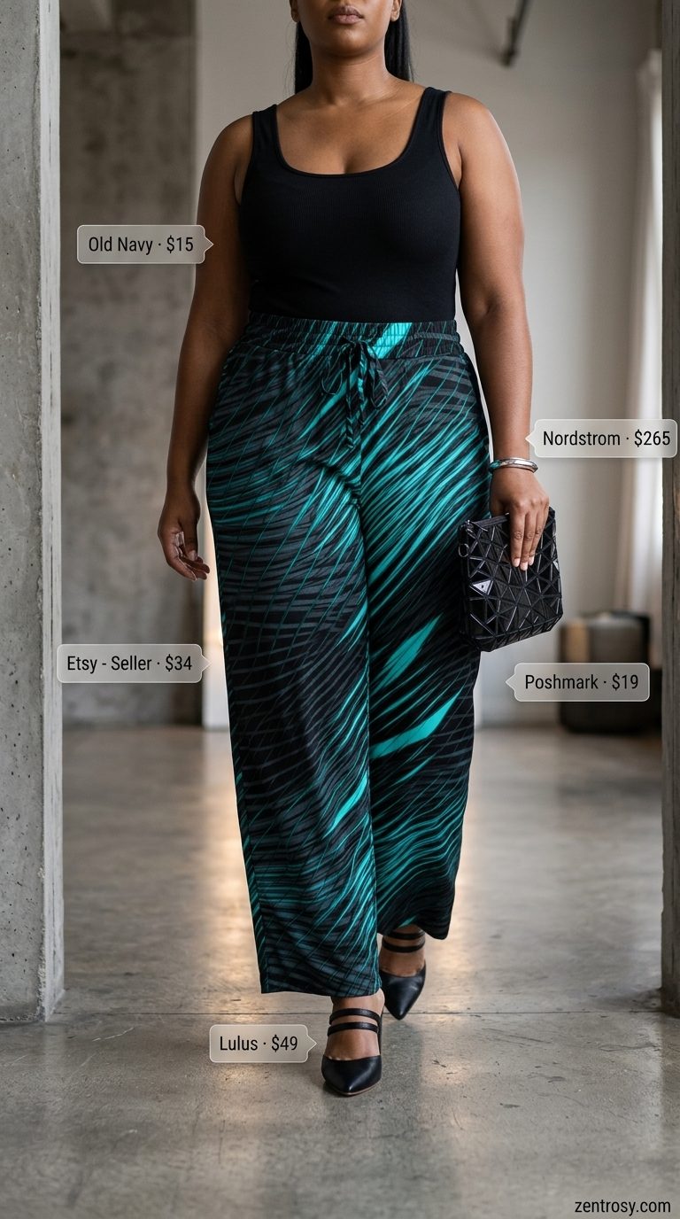 Curvy outfit for women summer 2026: Bold abstract print wide-leg pants, black bodysuit, and heeled mules for an evening out.