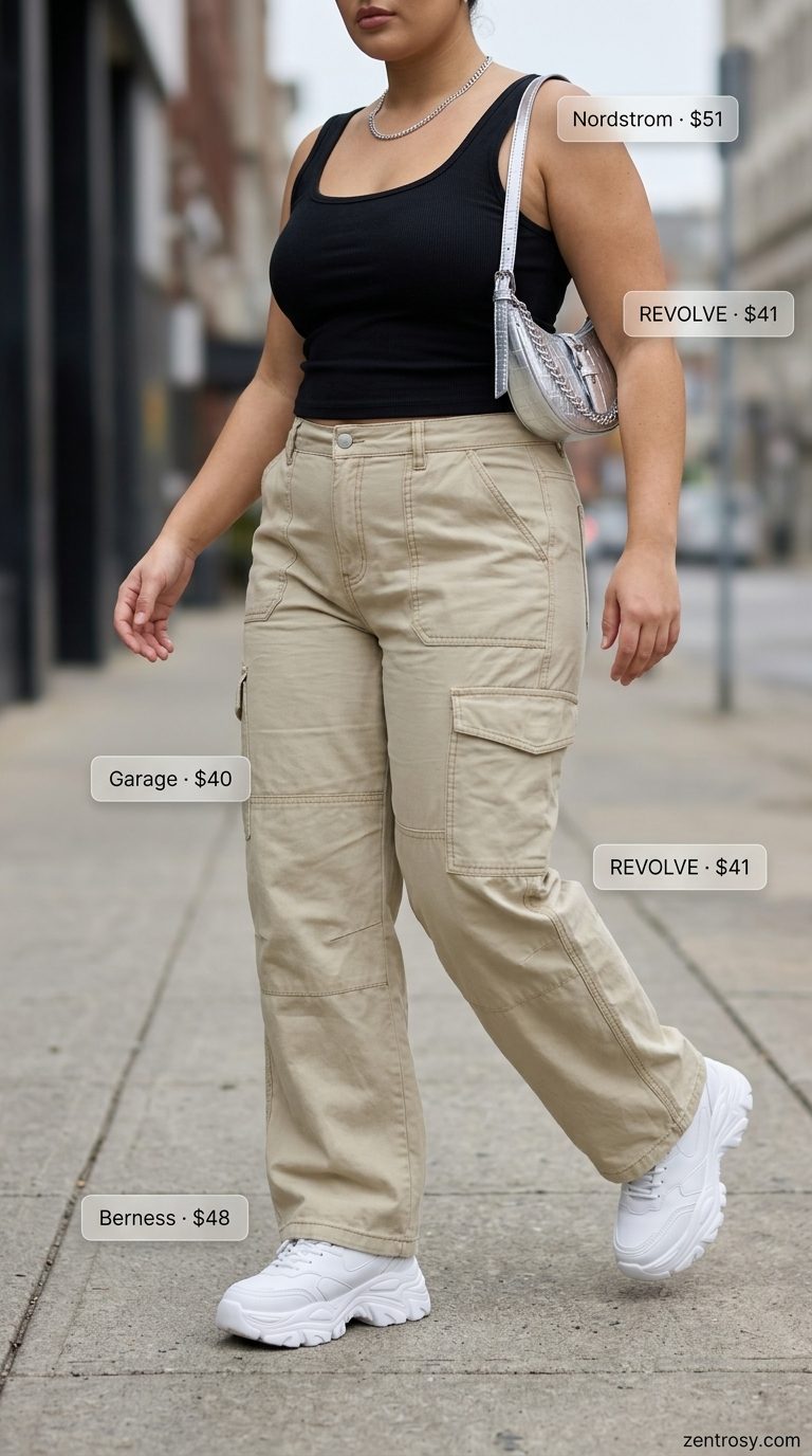 Curvy outfit for women summer 2026: Stone beige cargo pants, black tank, platform sneakers. Trendy casual style.