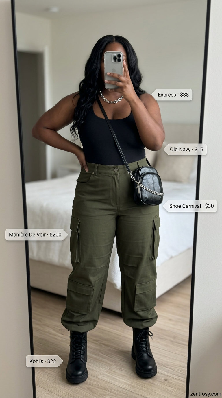 Curvy outfit for women summer 2026: Olive cargo pants, black ribbed bodysuit, combat boots. Edgy urban style.