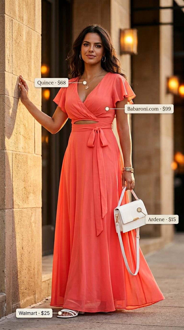 Elegant curvy outfit for women summer 2026: Vibrant coral maxi dress, white crossbody bag, and strappy sandals for a summer evening.