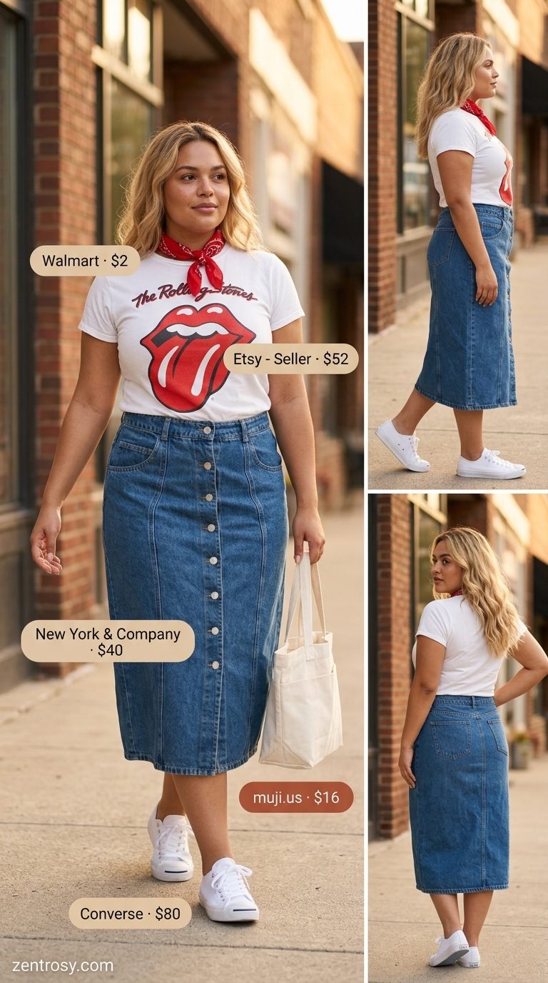 Retro curvy outfit for women summer 2026: Denim midi skirt, graphic tee, bandana, and sneakers for a casual cool vibe.