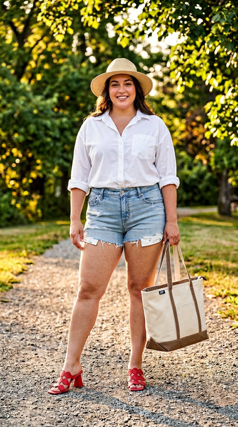 Curvy outfit for women summer 2026: Denim shorts, oversized white shirt, coral slides, straw hat, and tote bag for casual beach vibes.