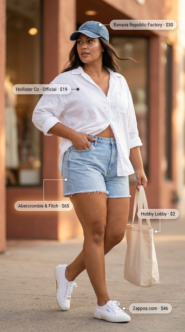 Casual curvy outfit for women summer 2026: Denim shorts, oversized shirt, canvas tote, and sneakers for a weekend look.