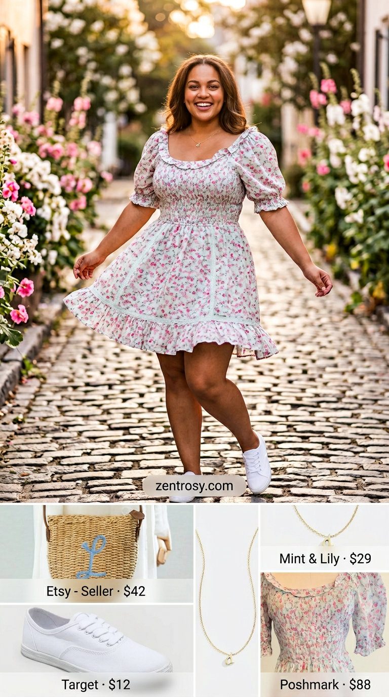 Curvy outfit for women summer 2026: Pastel floral mini dress, white sneakers, straw bag. Romantic brunch style.