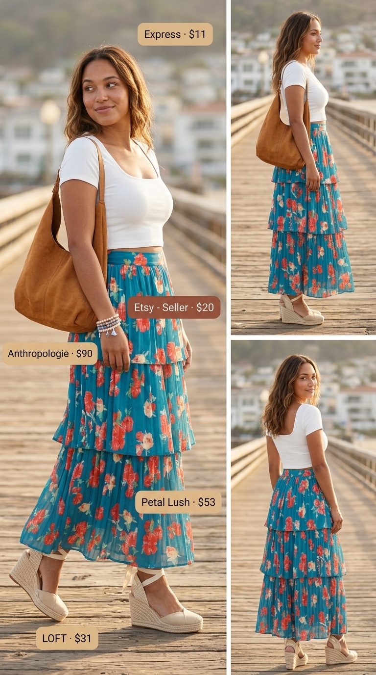 Curvy outfit for women summer 2026: Floral maxi skirt, white crop top, tan espadrilles, hobo bag, and layered bracelets for a boho look.