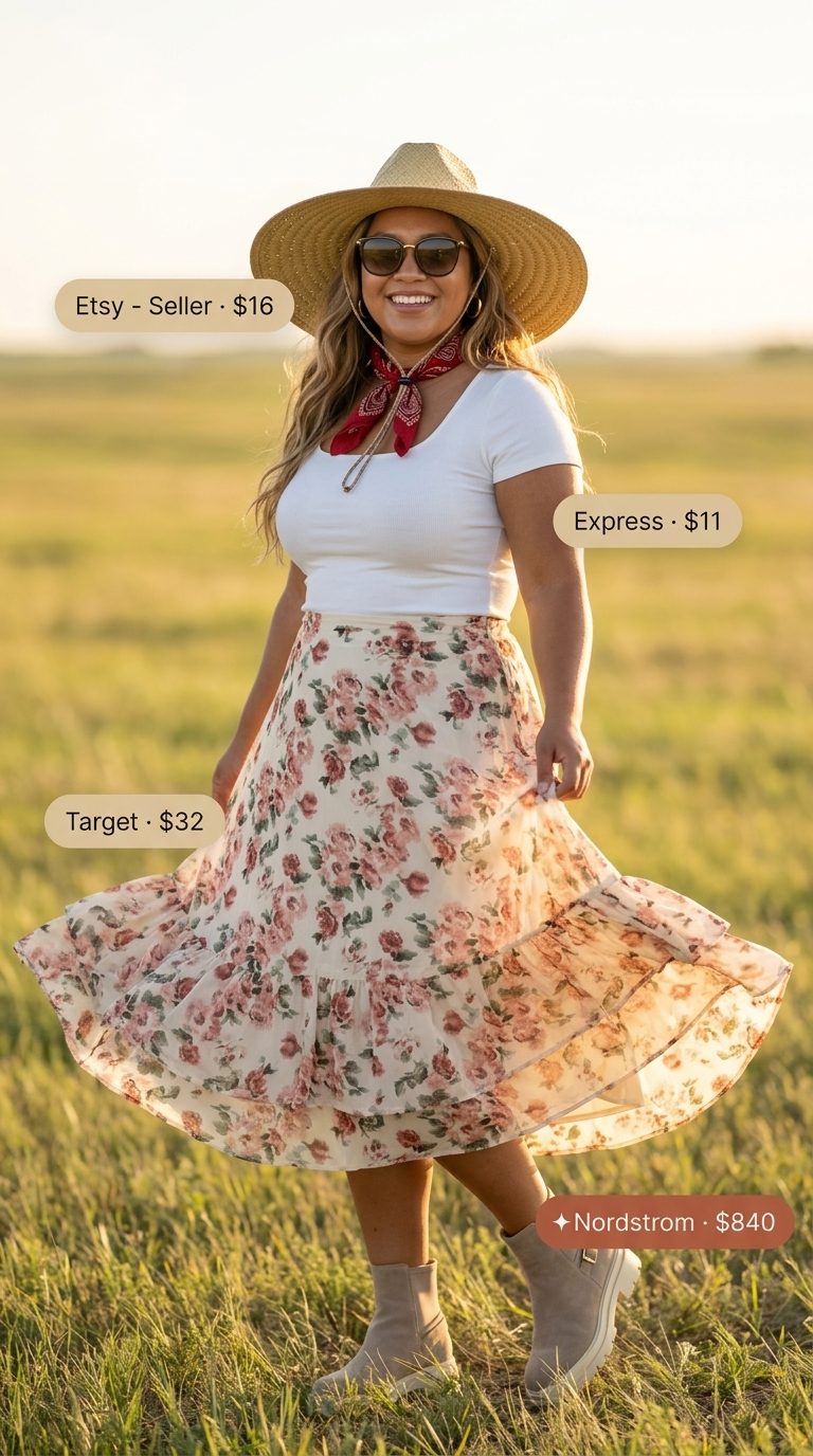 Boho curvy outfit for women summer 2026: Floral midi skirt, crop top, straw hat, and ankle boots for a festival vibe.
