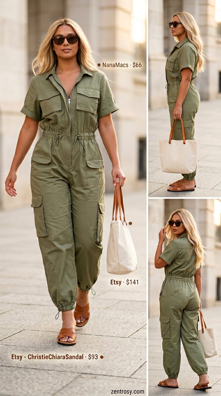 Curvy outfit for women summer 2026: Khaki utility jumpsuit, canvas tote, leather slides. Effortless casual style.