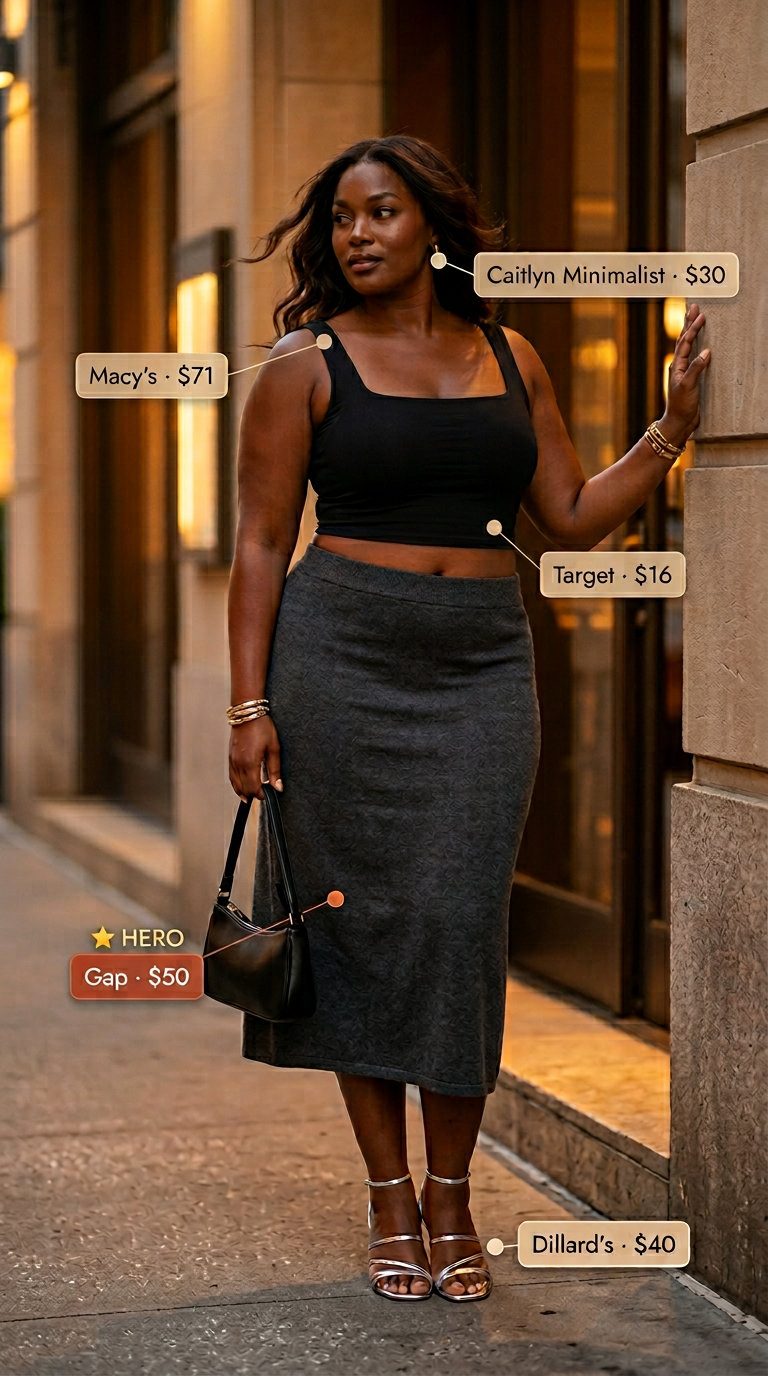 Curvy outfit for women summer 2026: Charcoal knit midi skirt, black tank, silver heels. Sophisticated evening style.