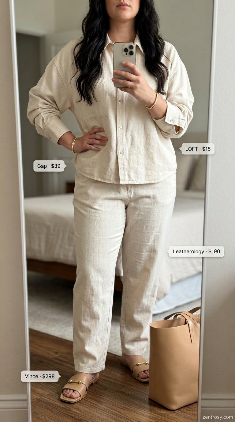 Curvy outfit for women summer 2026: Cream linen set, tan leather slides, structured tote, and gold bangle for chic brunch vibes.