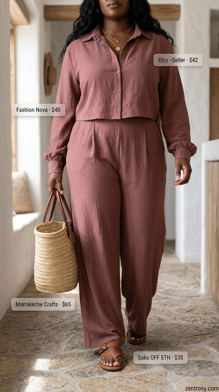 Curvy outfit for women summer 2026: Cream linen set, tan slides, straw tote, and layered gold necklaces for a relaxed coastal vibe.