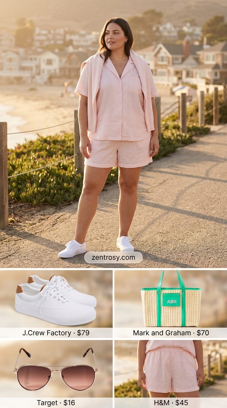 Curvy outfit for women summer 2026: Blush pink linen shorts set, white sneakers, gold sunglasses, and straw tote for a relaxed beach vibe.