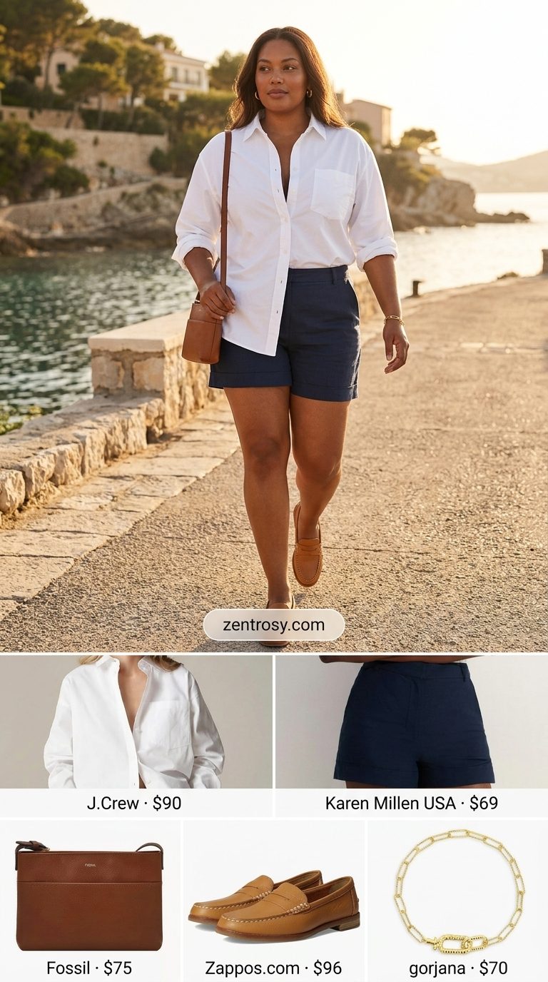 Curvy outfit for women summer 2026: Navy linen shorts, white oversized shirt, tan loafers. Chic for casual daytime.