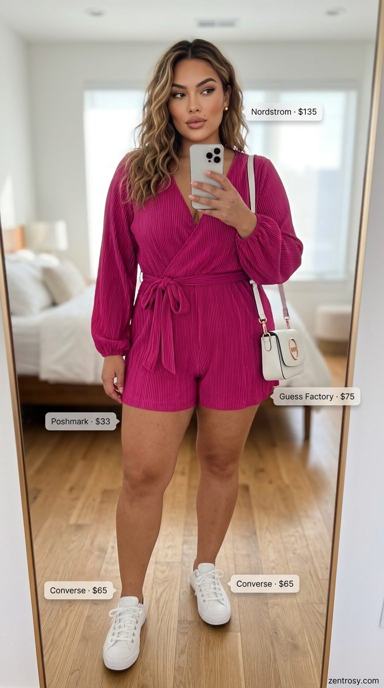 Curvy outfit for women summer 2026: Magenta romper with statement sleeves, white crossbody, sneakers, and gold earrings for a bold look.