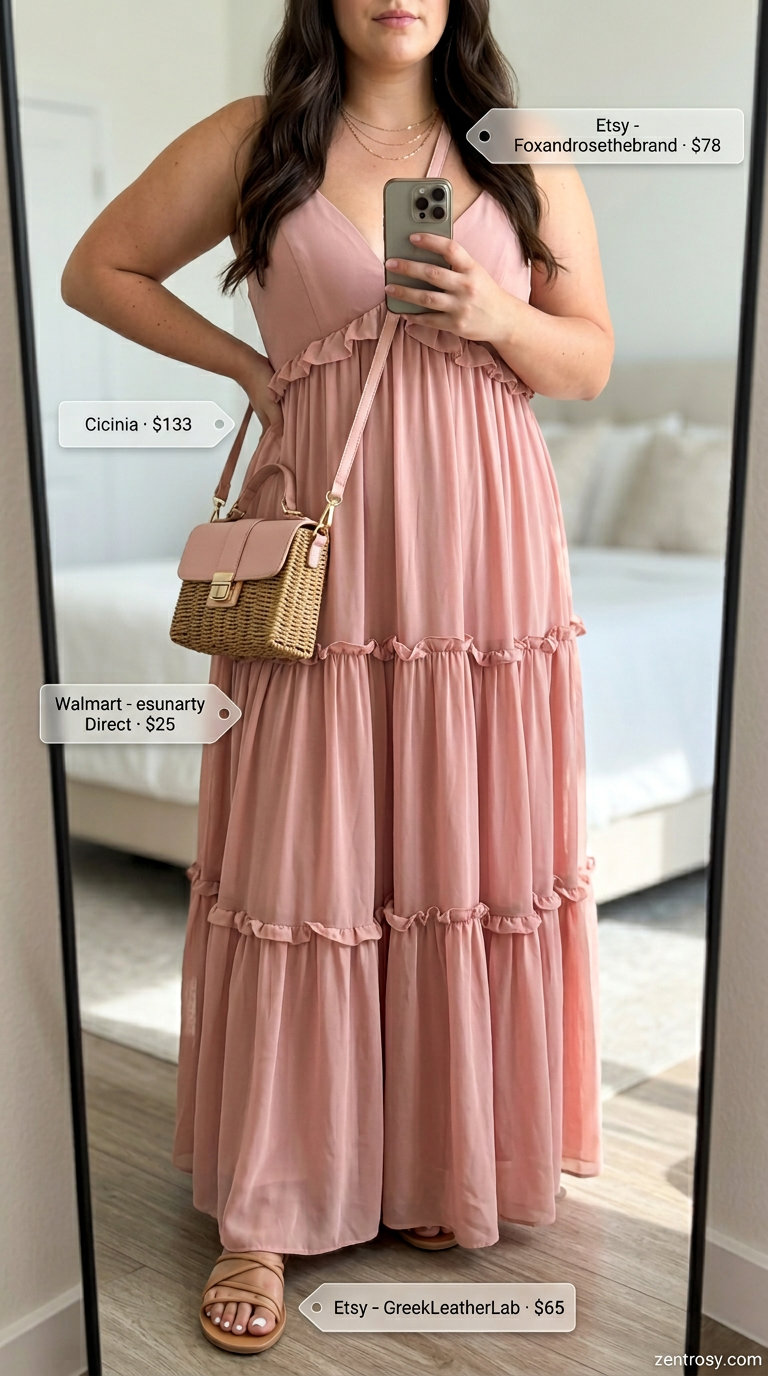 Curvy outfit for women summer 2026: Coral maxi dress, strappy sandals, straw crossbody, and layered gold necklaces for a vacation evening.