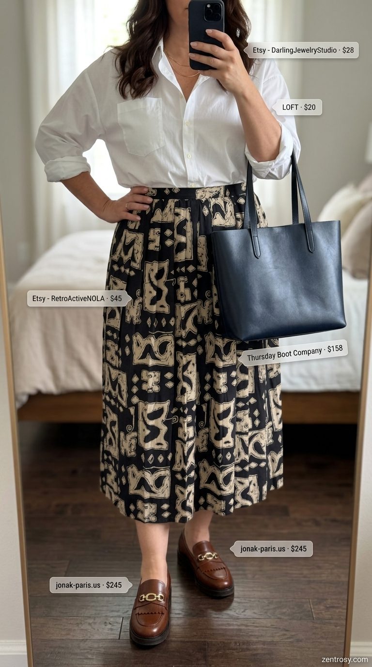 Curvy outfit for women summer 2026: White oversized shirt, abstract print midi skirt, tan loafers. Smart casual style.