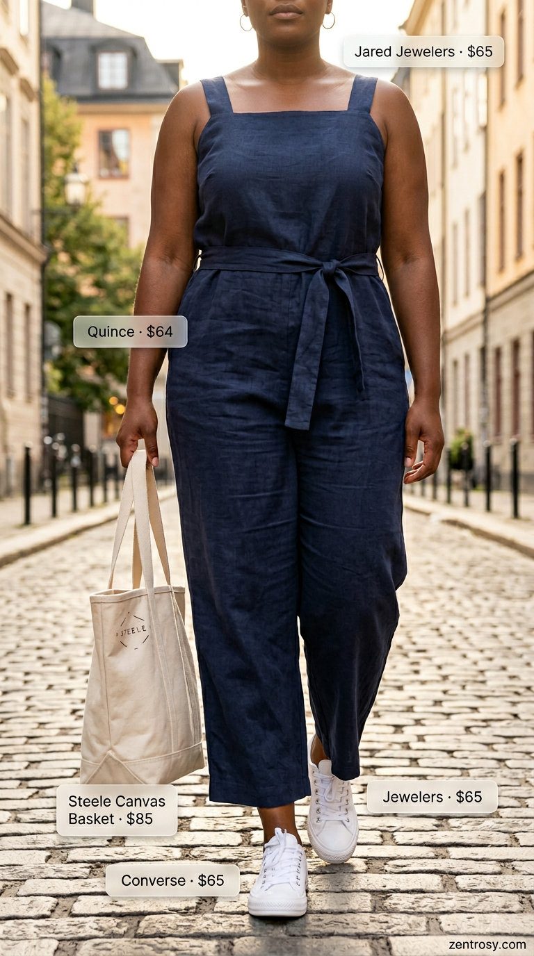 Effortless curvy outfit for women summer 2026: Navy linen jumpsuit, white sneakers, and canvas tote for a relaxed vibe.