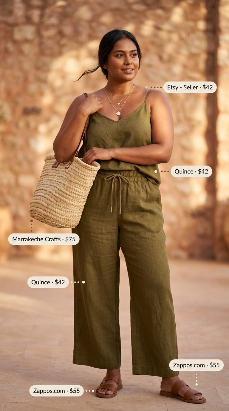 Relaxed curvy outfit for women summer 2026: Olive linen set, straw tote, and leather slides for a beach vacation vibe.