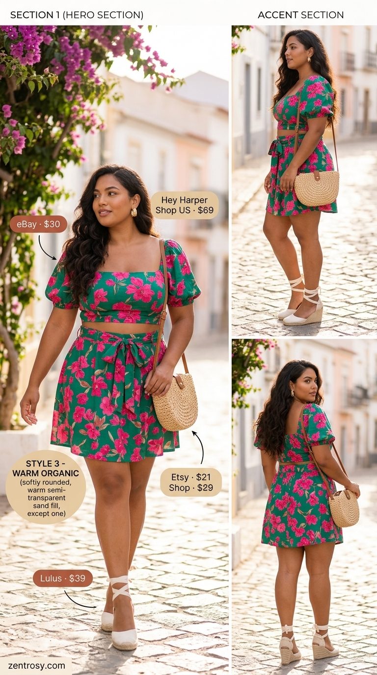Curvy outfit for women summer 2026: Hot pink floral crop top & midi skirt set, espadrille wedges. Playful party style.