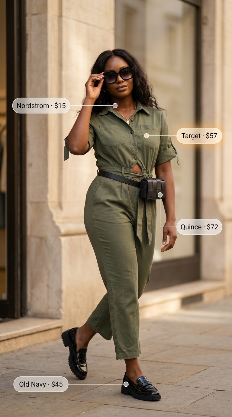 Chic curvy outfit for women summer 2026: Khaki utility jumpsuit, black belt bag, and chunky loafers for a polished casual look.