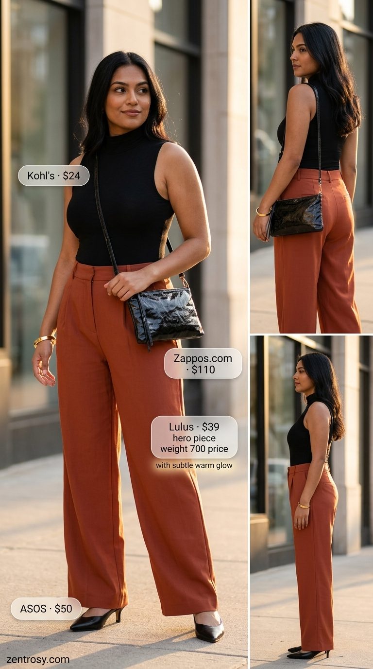 Curvy outfit for women summer 2026: Terracotta wide-leg pants, black bodysuit, mules, crossbody bag, and gold bangle for a minimalist look.
