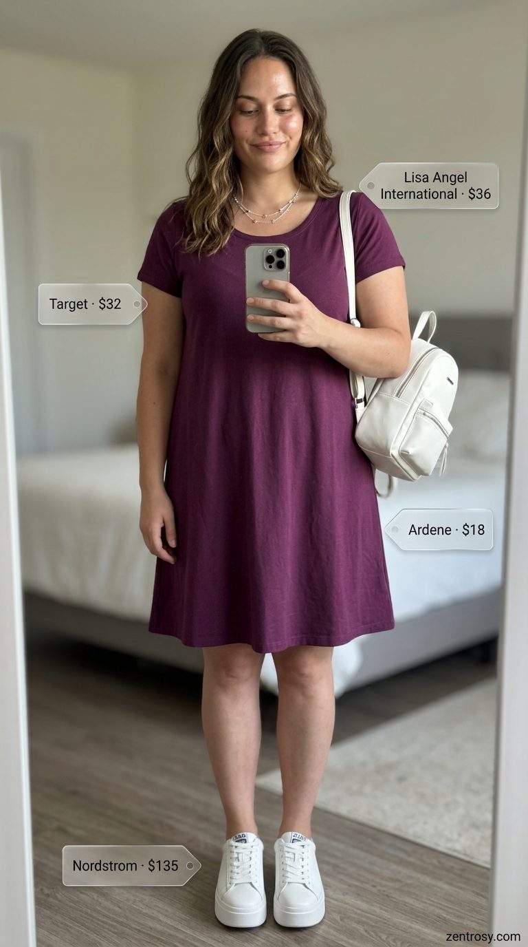Cute & Comfy Summer Outfits for Women 2026: City Mini Dress Cute and comfy summer outfits for women 2026: Lilac mini dress, white platform sneakers, silver necklaces.