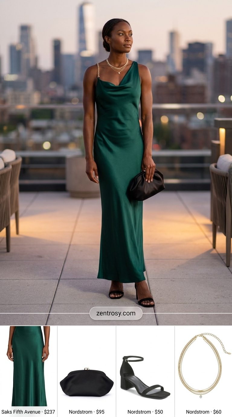Cute & Comfy Summer Outfits for Women 2026: Emerald Slip Dress Cute and comfy summer outfits for women 2026: Emerald green slip dress, black sandals, gold necklaces, clutch.
