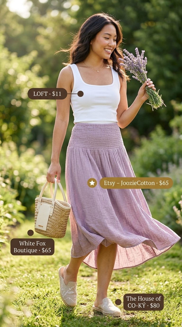 Cute & Comfy Summer Outfits for Women 2026: Lavender Skirt Cute and comfy summer outfits for women 2026: Lavender midi skirt, white tank, espadrille mules, straw bag.
