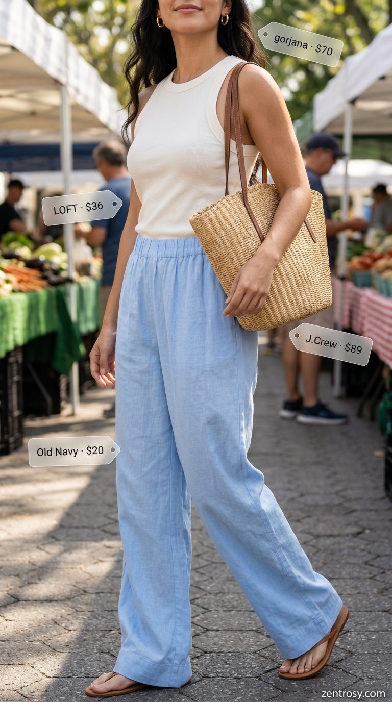 Cute & Comfy Summer Outfits for Women 2026: Linen Wide-Leg Pants Cute and comfy summer outfits for women 2026: Sky blue linen pants, cream tank, espadrille sandals, straw tote.