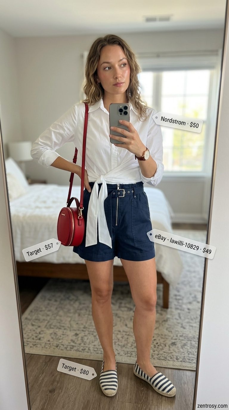 Cute & Comfy Summer Outfits for Women 2026: Navy Linen Shorts Cute and comfy summer outfits for women 2026: Navy linen shorts, white button-down, espadrille flats, red crossbody.
