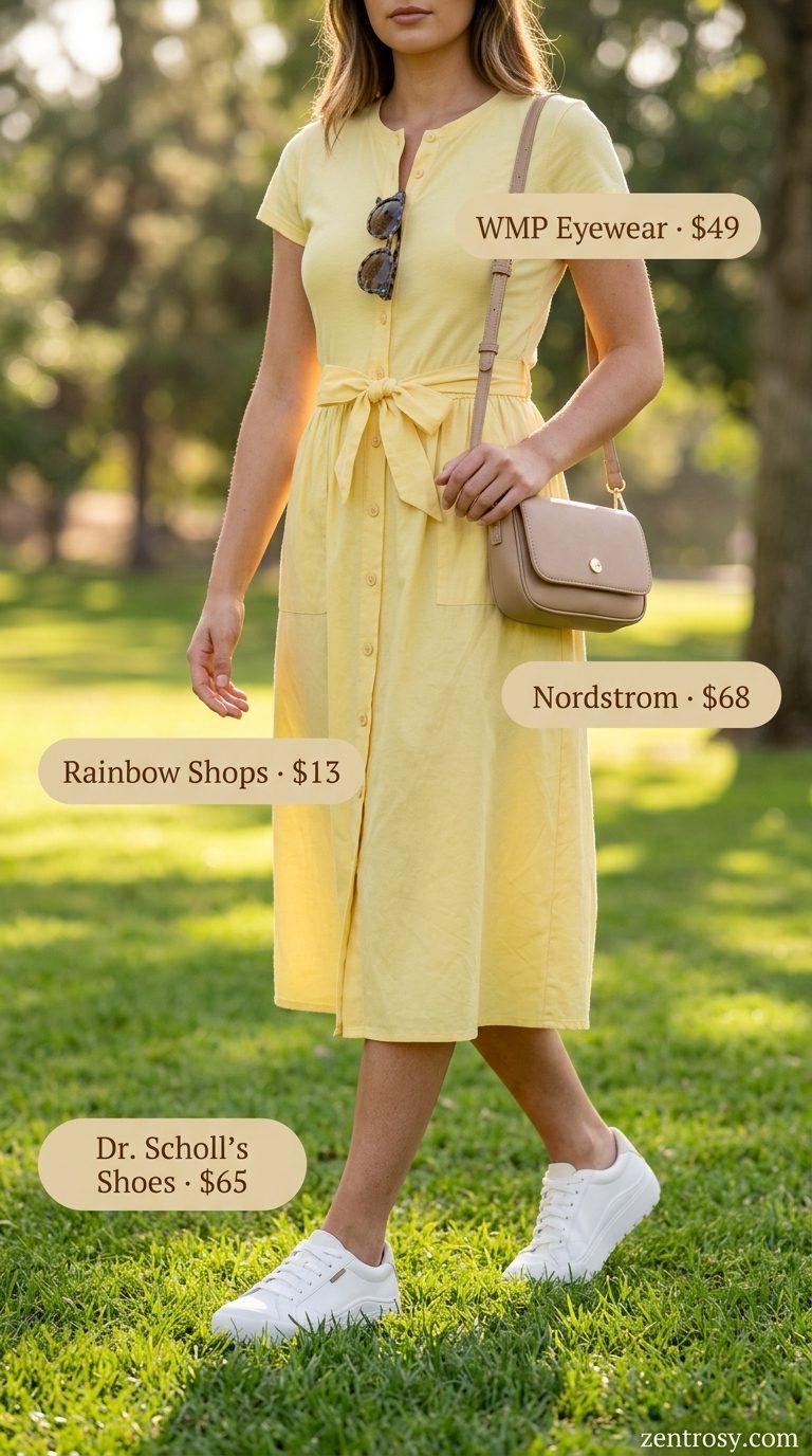 Cute & Comfy Summer Outfits for Women 2026: Park Picnic Dress Cute and comfy summer outfits for women 2026: Pale yellow midi shirt dress, white sneakers, crossbody bag.