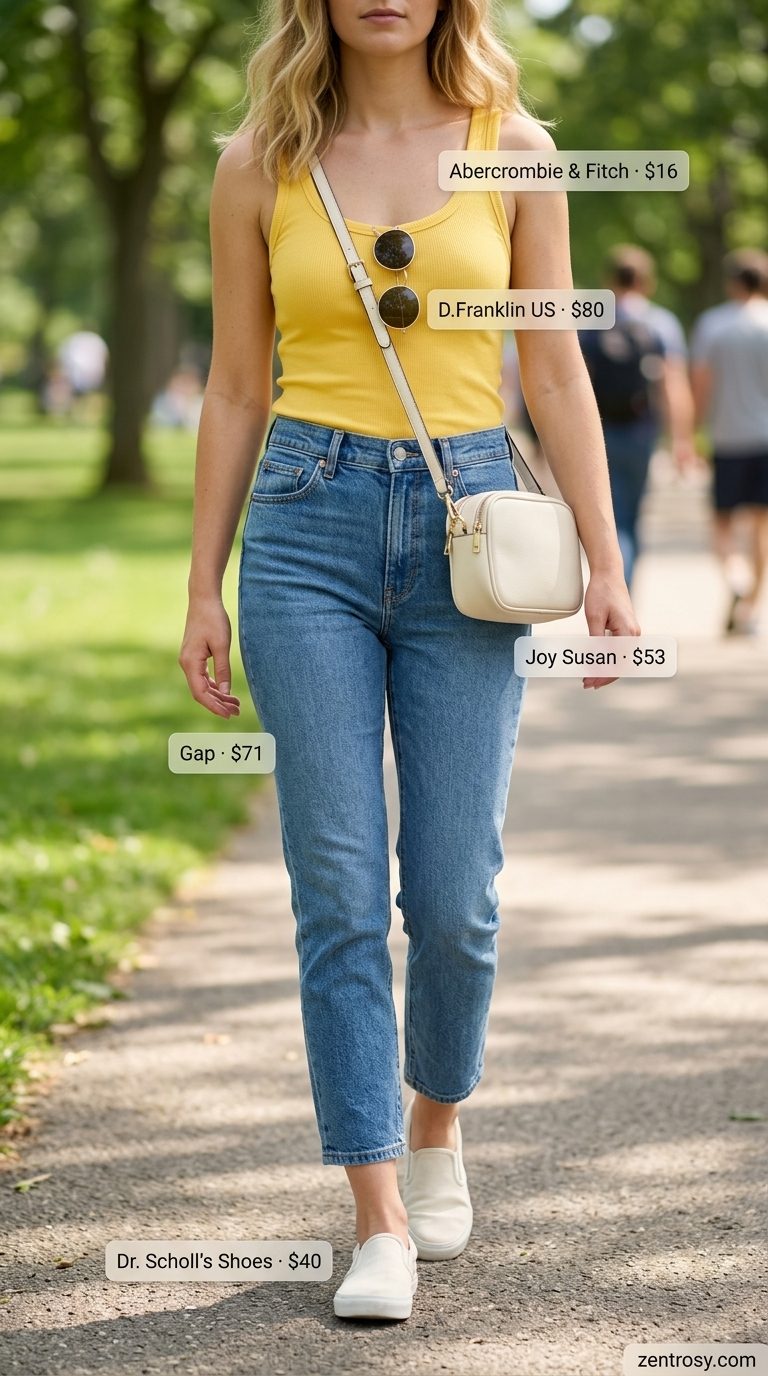 Cute & Comfy Summer Outfits for Women 2026: Weekend Jeans Cute and comfy summer outfits for women 2026: Yellow tank, high-rise jeans, white sneakers, crossbody bag.