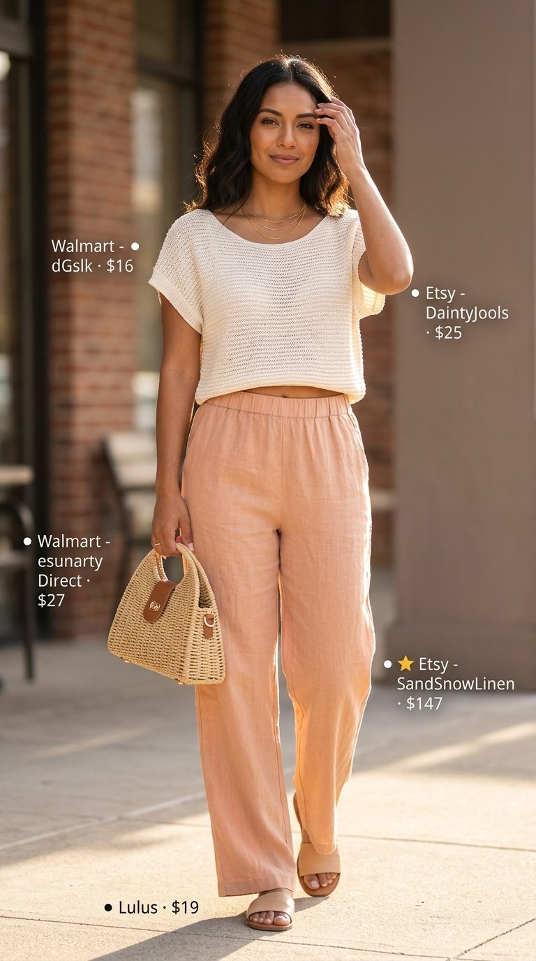 Breezy Brunch Bliss: Cute & Comfy Summer Outfits 2026 Cute and comfy summer outfits for women 2026: Peach linen pants, cream knit top, tan slides for brunch.