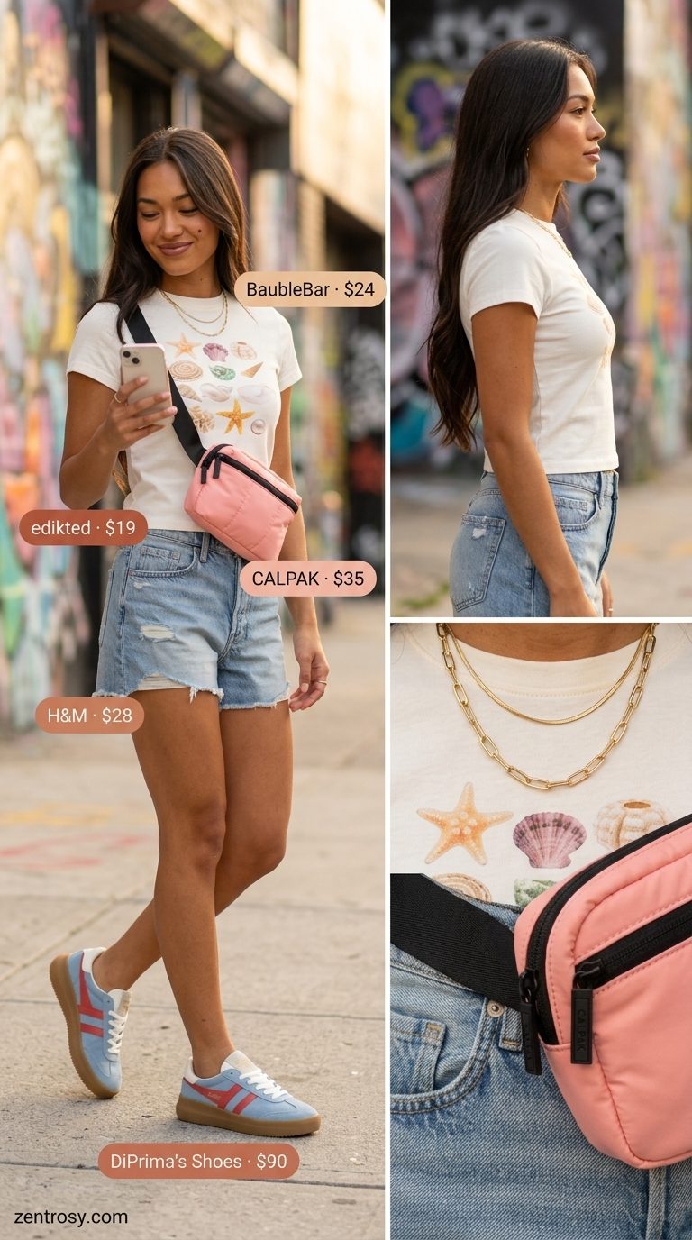 City Break Sightseeing: Cute & Comfy Summer Outfits 2026 Cute and comfy summer outfits for women 2026: Graphic tee, denim shorts, retro sneakers for city sightseeing.