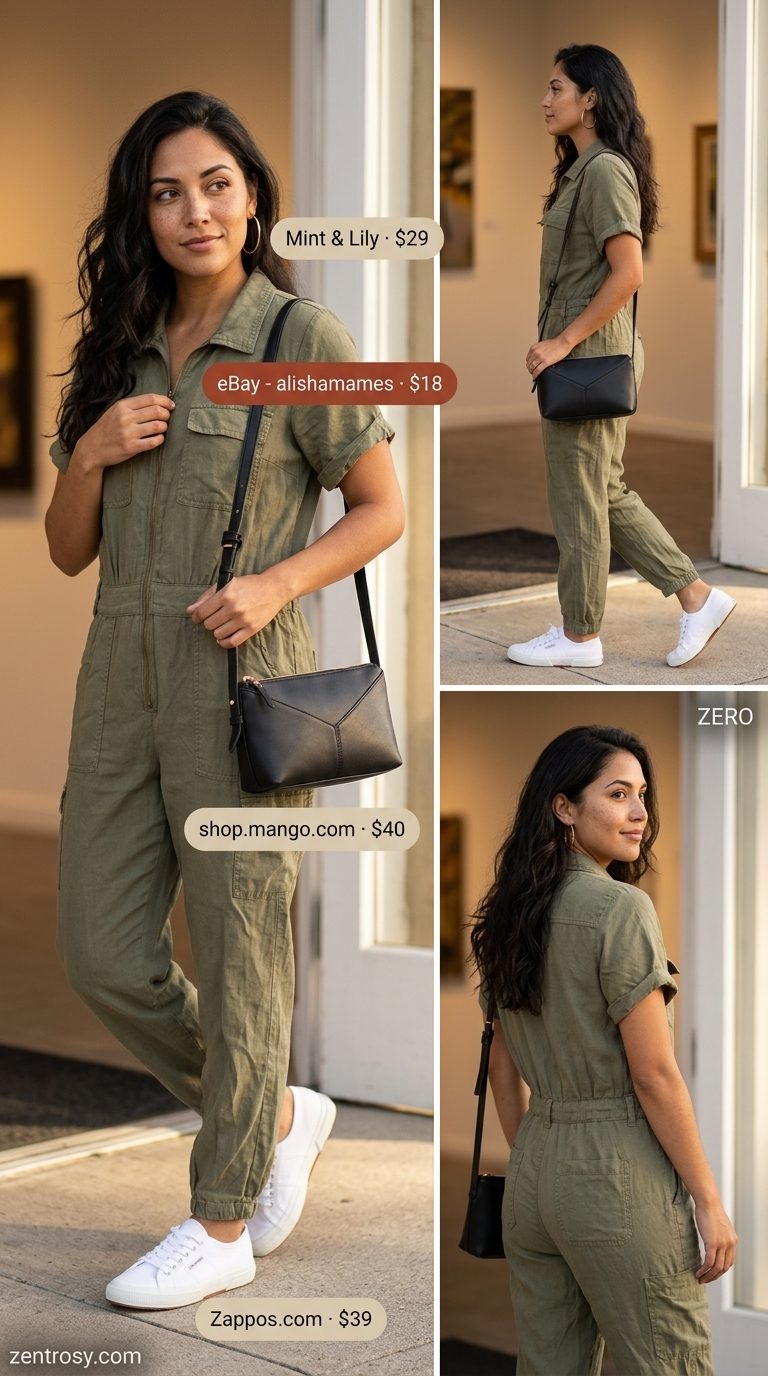 Creative Studio Day: Cute & Comfy Summer Outfits 2026 Cute and comfy summer outfits for women 2026: Olive utility jumpsuit, white sneakers, gold hoops for creative workdays.