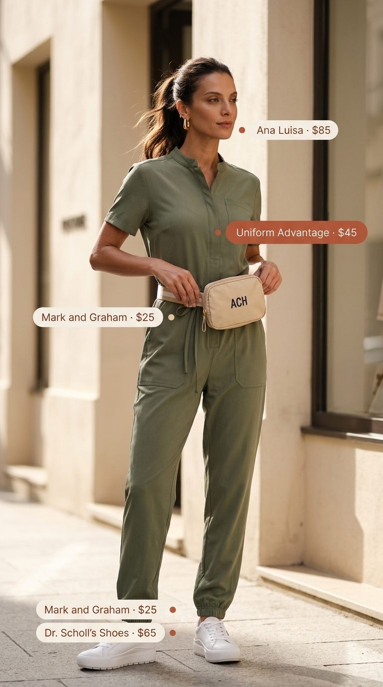 Urban Explorer Jumpsuit: Cute & Comfy Summer Outfits 2026 Cute and comfy summer outfits for women 2026: Olive green utility jumpsuit, white sneakers, tan crossbody bag for city sightseeing.